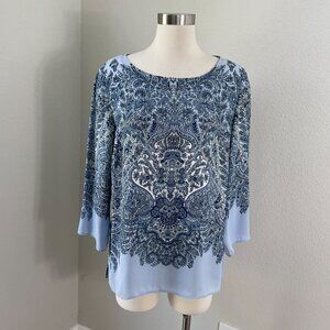 Rose & Olive Womens Large Blue Floral Blouse 3/4 Sleeves Zip Back Shirt Top